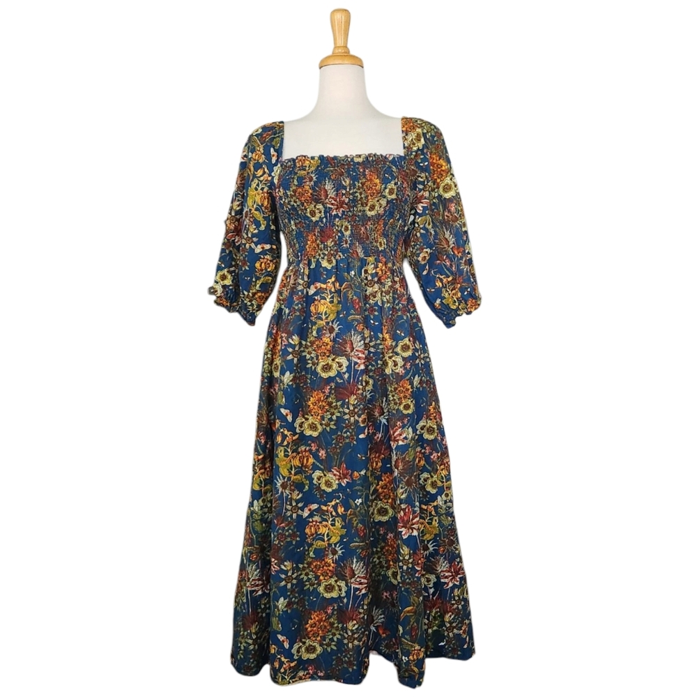 Boho Farmhouse J Glee Blue Floral Smocked Midi Sundress Women's PL
